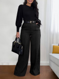 Casual Solid Color Loose Mid Waist Conventional Patchwork Bottoms