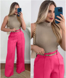 Casual Solid Color Loose Mid Waist Conventional Patchwork Bottoms