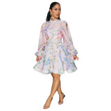 (PreOrder 22/8)Australian Style Printed Lantern Sleeve Dress with Patterned Buttons & Belt