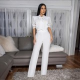 Casual Solid Color Lace Strap Design Turndown Collar Regular Jumpsuits