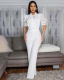 Casual Solid Color Lace Strap Design Turndown Collar Regular Jumpsuits