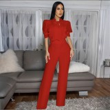 Casual Solid Color Lace Strap Design Turndown Collar Regular Jumpsuits
