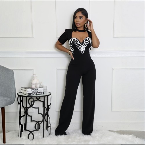 Splicing Sports Fitness Short Sleeve Straight Long Pants Vintage Party Y2K Jumpsuits