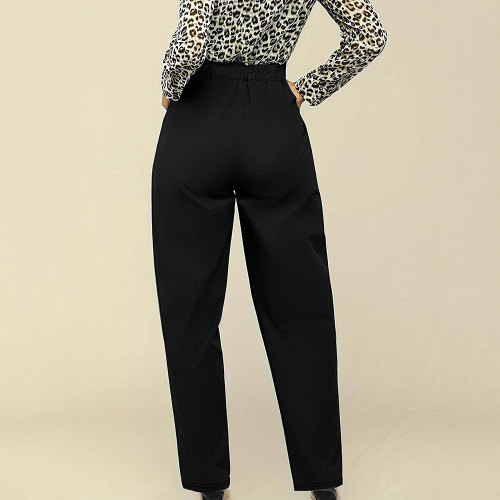 Black Casual Solid Color Patchwork Loose Mid Waist Conventional Bottoms
