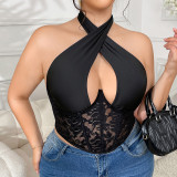 Plus Size Lace Splicing Steel Ring Bustier Crop Top Mesh See-through Vest