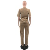 Summer Casual Embossed Short Sleeve Trousers Set With Pocket