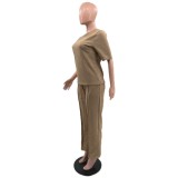 Summer Casual Embossed Short Sleeve Trousers Set With Pocket