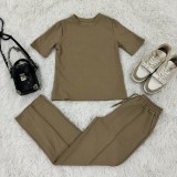 Summer Casual Embossed Short Sleeve Trousers Set With Pocket