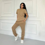 Summer Casual Embossed Short Sleeve Trousers Set With Pocket