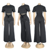 Casual Embroidered Letter Double Waistband High Waist Wide-leg Pants Set