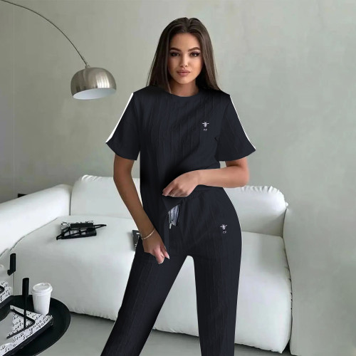 Casual Embroidery Jacquard Ribbon Short Sleeve Trousers Suit
