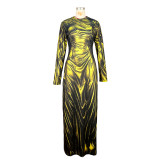 Sexy Light Dress Women 3D Printed Slit Long Sleeve O-Neck Skinny Bodycon