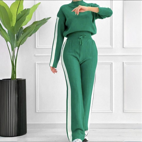 Green Casual Stripe Contrast Half A Turtleneck Long Sleeve Two Pieces