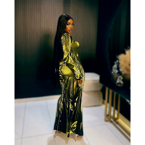 Sexy Light Dress Women 3D Printed Slit Long Sleeve O-Neck Skinny Bodycon