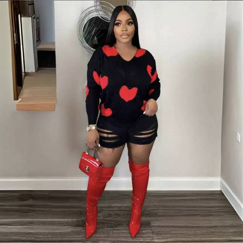 Autum/winter Love Pullover Sweater Women Knitted Jacquard V-neck Long Sleeve Top