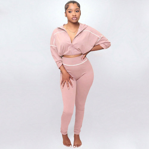 Women Casual Sports Zipper Long Sleeve Top and Pants Two-Piece Set