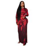 Sexy Light Dress Women 3D Printed Slit Long Sleeve O-Neck Skinny Bodycon