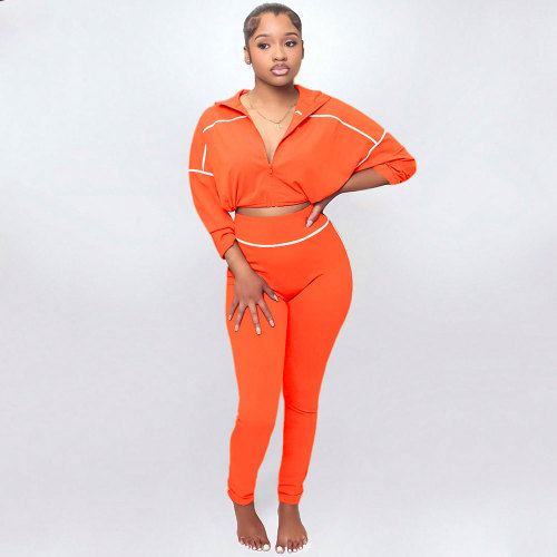 Women Casual Sports Zipper Long Sleeve Top and Pants Two-Piece Set