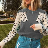 Crop Jumpers Pullover Sweaters Women Leopard Crew Neck Cable Knit Autumn Tops