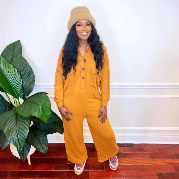 Women's Casual Turndown Collar Wide-Leg Jumpsuit with Buttons