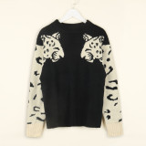 Crop Jumpers Pullover Sweaters Women Leopard Crew Neck Cable Knit Autumn Tops