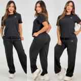 Autumn Embroidery Casual Women's Short Sleeve Wide-leg Pant Set
