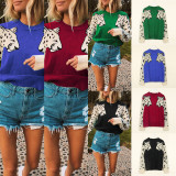 Crop Jumpers Pullover Sweaters Women Leopard Crew Neck Cable Knit Autumn Tops