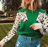 Crop Jumpers Pullover Sweaters Women Leopard Crew Neck Cable Knit Autumn Tops