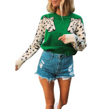 Crop Jumpers Pullover Sweaters Women Leopard Crew Neck Cable Knit Autumn Tops