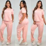 Autumn Embroidery Casual Women's Short Sleeve Wide-leg Pant Set