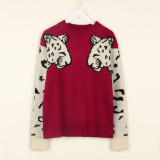 Crop Jumpers Pullover Sweaters Women Leopard Crew Neck Cable Knit Autumn Tops