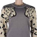 Crop Jumpers Pullover Sweaters Women Leopard Crew Neck Cable Knit Autumn Tops