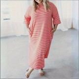 Peach Casual Stripe Pocket O Neck Long Plus Size Dresses