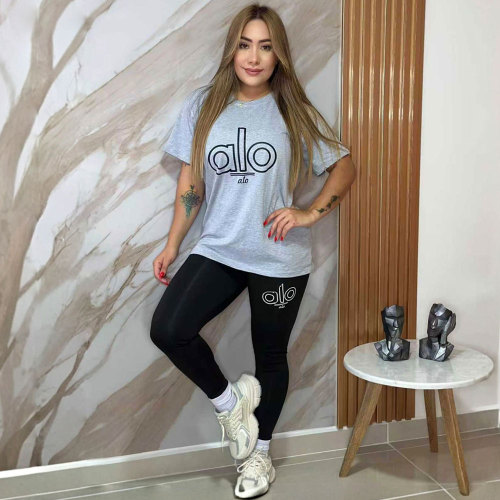 Casual Round Neck Hot Stamping Top High Elastic Yoga Trousers set