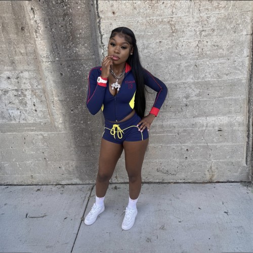 Color Blocking Sportswear Stand Collar Zipper Jacket and Shorts Tracksuit