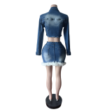 Women Stretchy Denim Feather Long Sleeve Jacket Top and Skirt Two-Piece Set