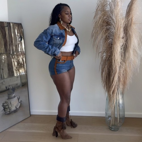 Retro Contrast Color Patchwork Long Sleeve Stretch Denim Two Piece Shorts Set