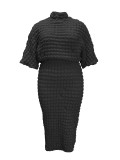 Plus Size Solid Color Bubble Cloth Batwing Sleeve Top and Skirt Two-Piece Set