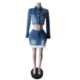 Women Stretchy Denim Feather Long Sleeve Jacket Top and Skirt Two-Piece Set