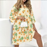 Yellow Casual Print Buckle Turndown Collar Long Plus Size Dresses