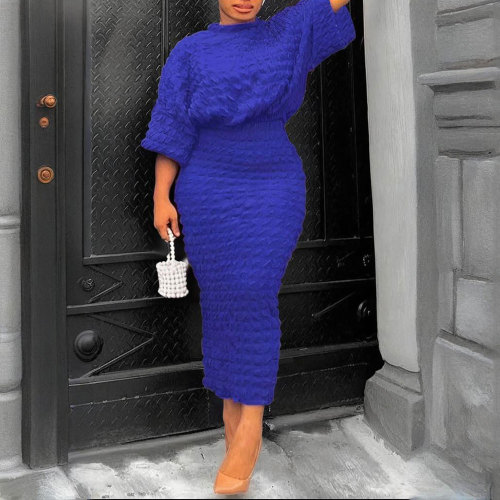 Plus Size Solid Color Bubble Cloth Batwing Sleeve Top and Skirt Two-Piece Set