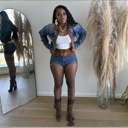 Retro Contrast Color Patchwork Long Sleeve Stretch Denim Two Piece Shorts Set