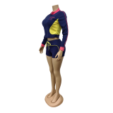 Color Blocking Sportswear Stand Collar Zipper Jacket and Shorts Tracksuit