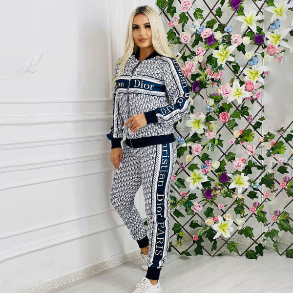 Outdoor Fashion Print Thread Zipper Two-piece Pant Set