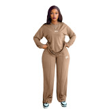 Casual Embroidered Letter Wide-leg Two-piece Pant Set