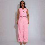 Solid Color Sleeveless V Neck Vest Top Wide-leg Trousers Two-piece Set