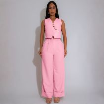 Solid Color Sleeveless V Neck Vest Top Wide-leg Trousers Two-piece Set