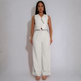Solid Color Sleeveless V Neck Vest Top Wide-leg Trousers Two-piece Set