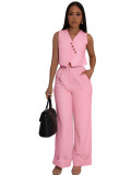 Solid Color Sleeveless V Neck Vest Top Wide-leg Trousers Two-piece Set