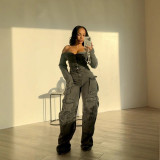 Casual Off Shoulder Cardigan Washed Denim Long Sleeve Straight-Leg Jumpsuit
